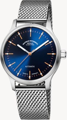 Mühle Glashütte Niebieska automatyczna tarcza Panova (40 mm) z niebieskim promieniem słonecznym i bransoleta milanaise ze stali nierdzewnej M1-40-72-MB