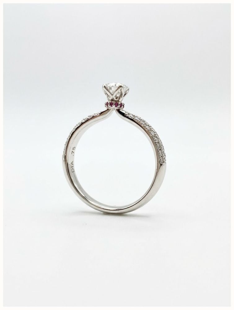Bass Jewellery Round Brilliant Natural Diamond & Ruby 18ct White Gold Solitaire Pavé Ring J49103 - 备用视图 3