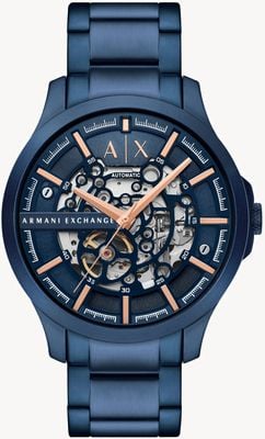 Armani Exchange Herren-Automatikuhr (46 mm) mit blauem Skelett-Zifferblatt / blauem Edelstahlarmband AX2457