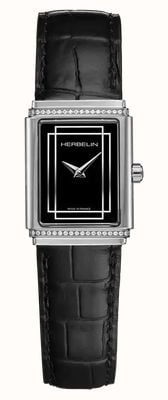 Herbelin Mostrador preto com diamantes (22 mm) Art déco de 1925 / pulseira de couro preta 17577AP40Y04
