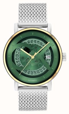 Calvin Klein Cadran squelette vert automatique emblématique (40 mm) pour homme / bracelet en maille d'acier inoxydable 25300005