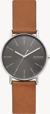 Skagen メンズシグニチャーグレーダイヤルブラウンレザーストラップ SKW6578