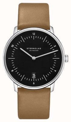 STERNGLAS Reloj de cuarzo Naos (38 mm), esfera negra piano y correa de piel marrón de primera calidad. S01-NA53-PR01